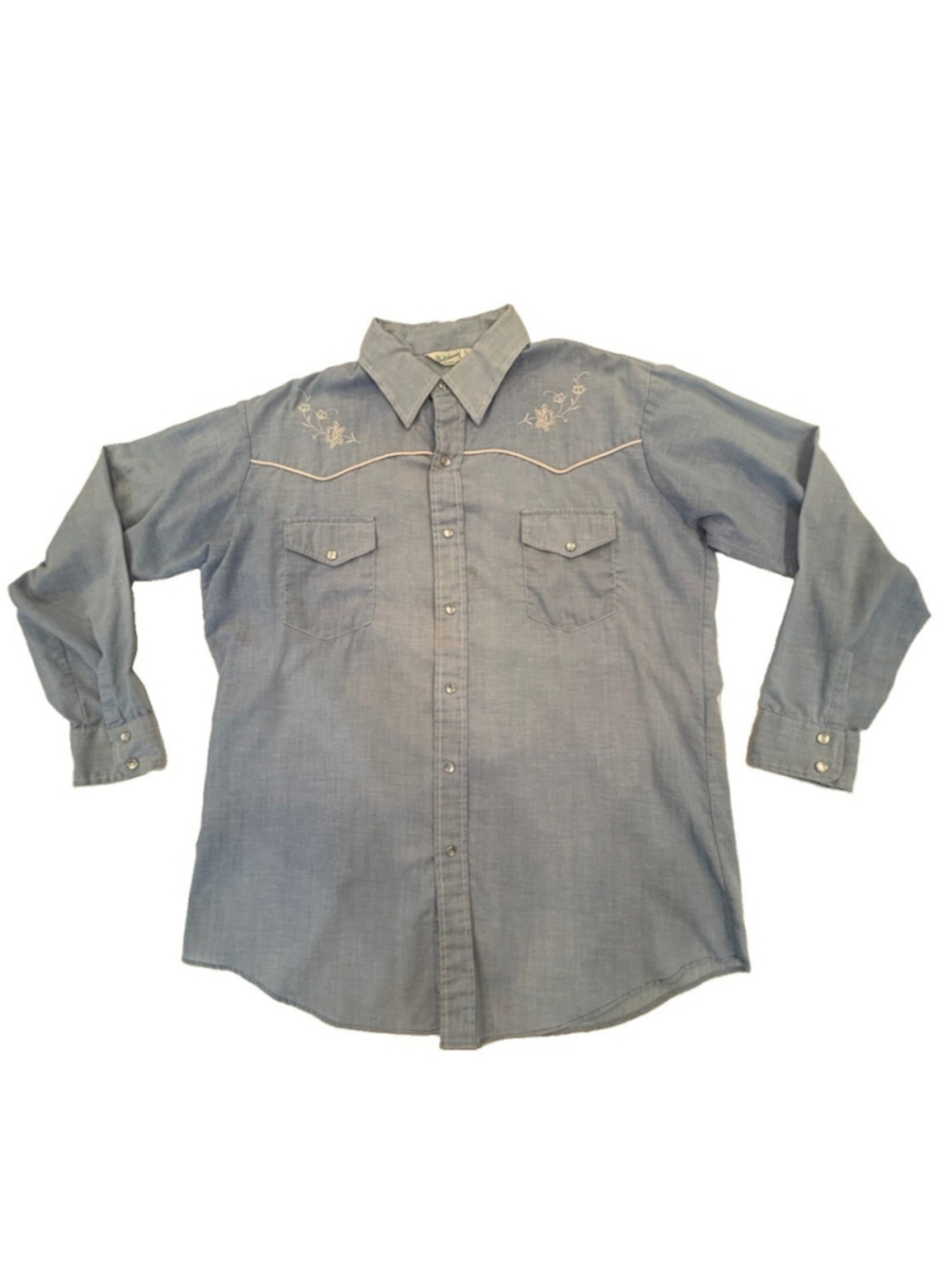 Dutch maid Vintage Mens Western Shirt 17 x 34 Blue Pearl Snap Embroidered Floral